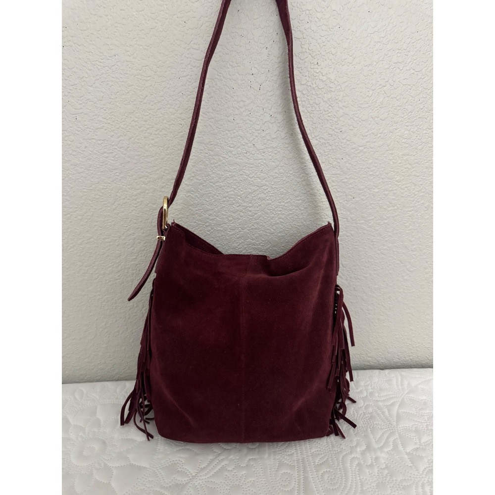 Haute Hippie Burgundy Suede Fringe Shoulder Bag Boho Western Hobo Slouchy Wine - Picture 7 of 15